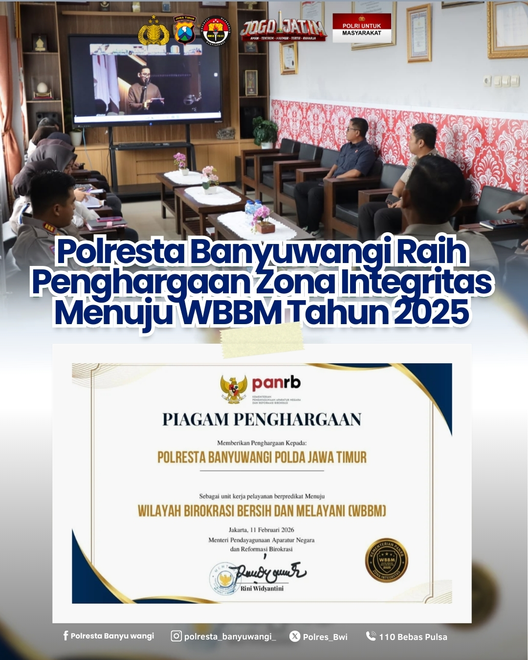 Polresta Banyuwangi Raih Penghargaan Zona Integritas Menuju WBBM Tahun 2025