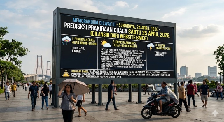Prakiraan Cuaca Jatim Sabtu 25 April 2026, Hujan dan Cerah Berawan