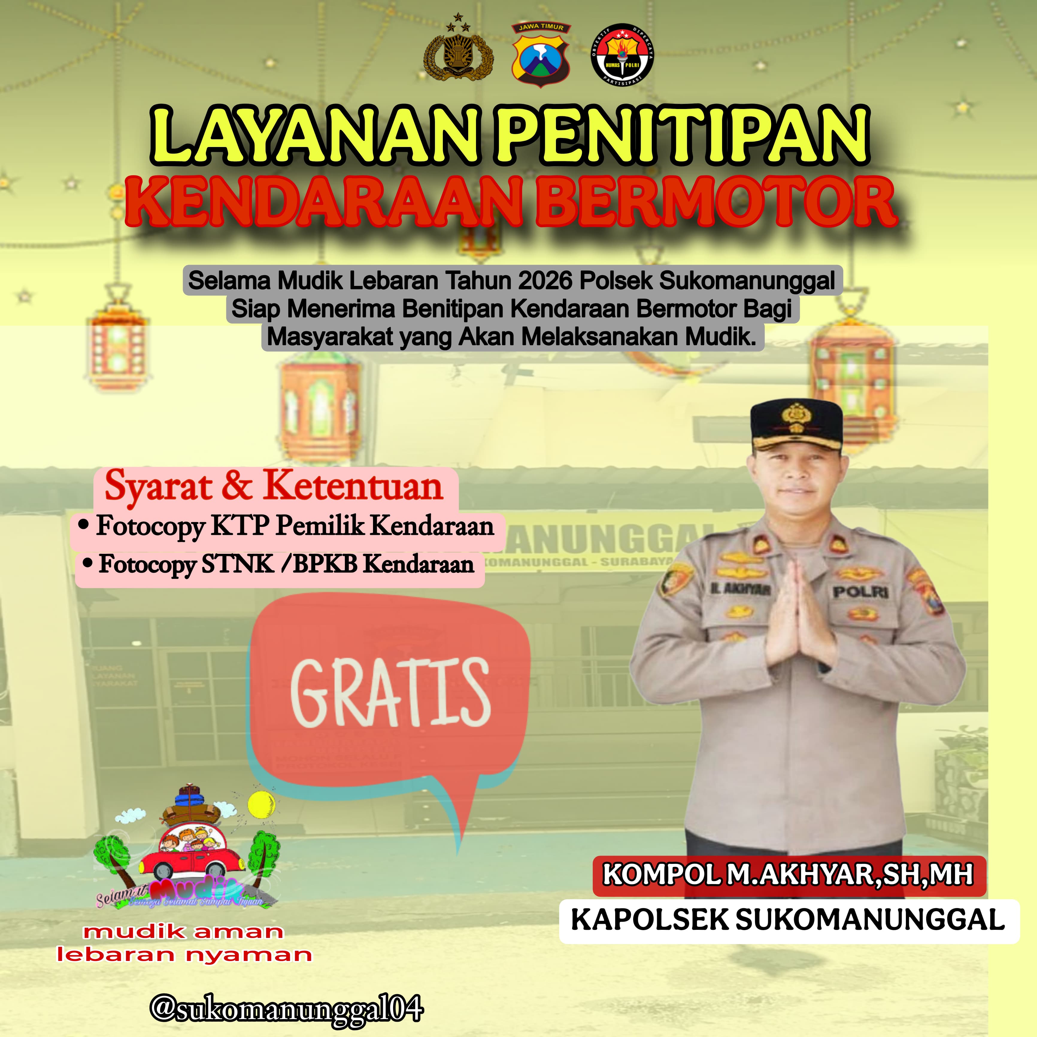 Mudik Tenang Tanpa Was-was, Polsek Sukomanunggal Buka Layanan Penitipan Kendaraan Gratis