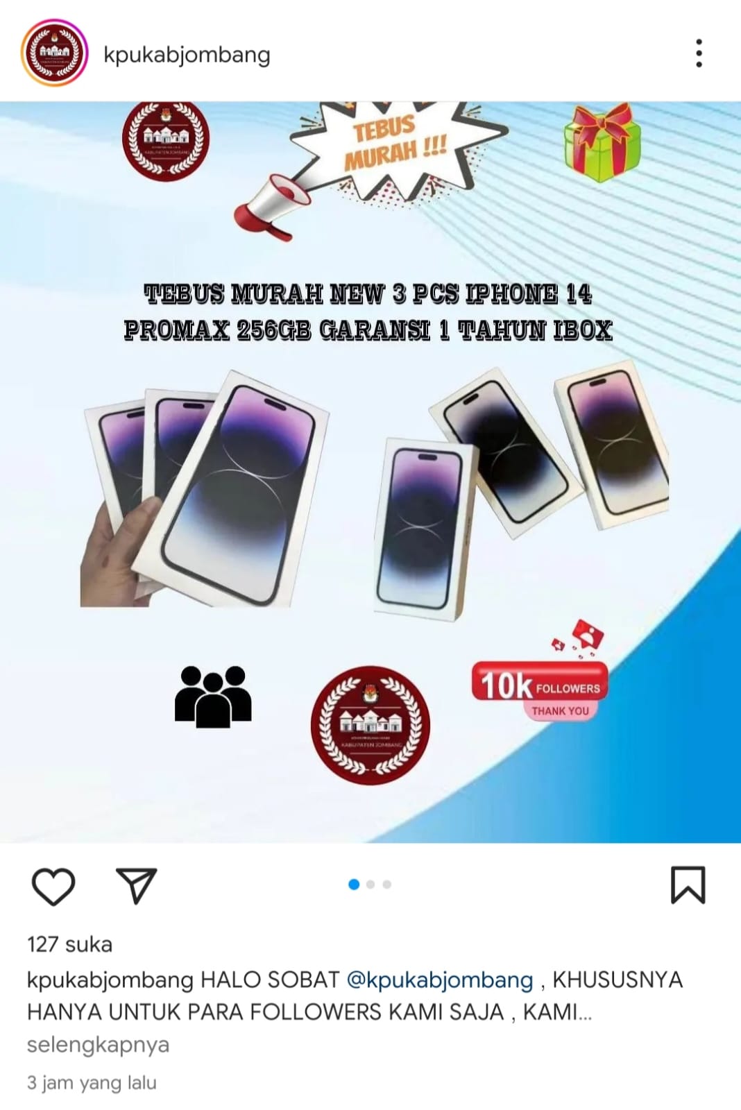 Instagram KPU Jombang Diretas, Obral iPhone Murah