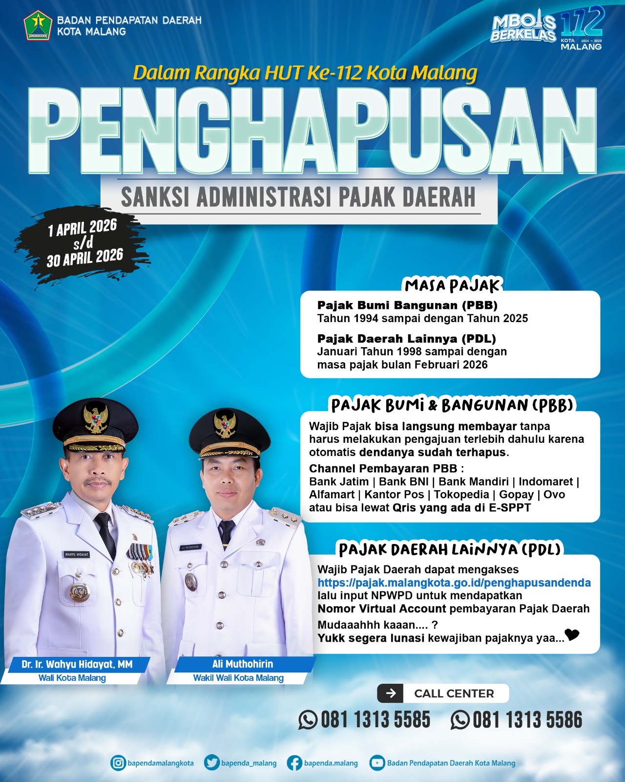 Kado HUT ke-112 Kota Malang, Bapenda Hapus Sanksi Administrasi Pajak Daerah 
