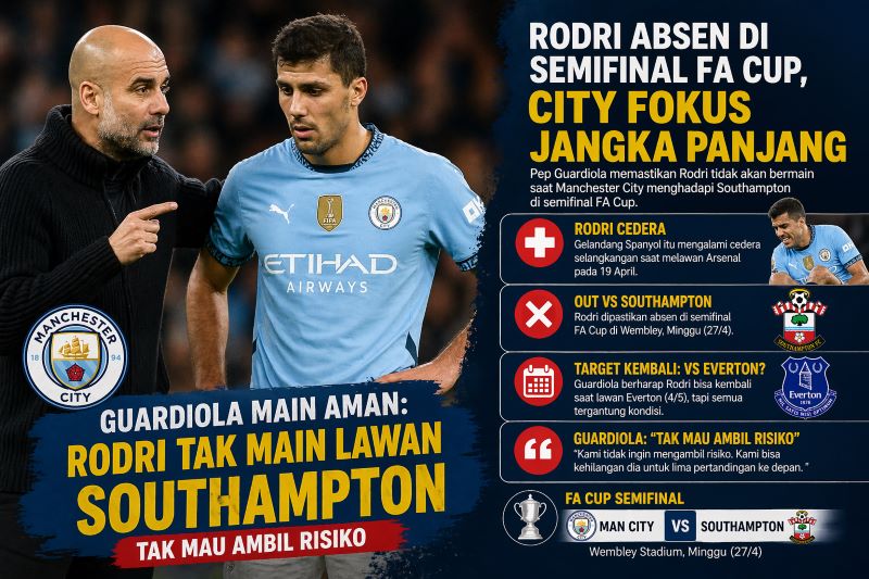 Guardiola Main Aman, Rodri Dipastikan Absen di Semifinal FA Cup