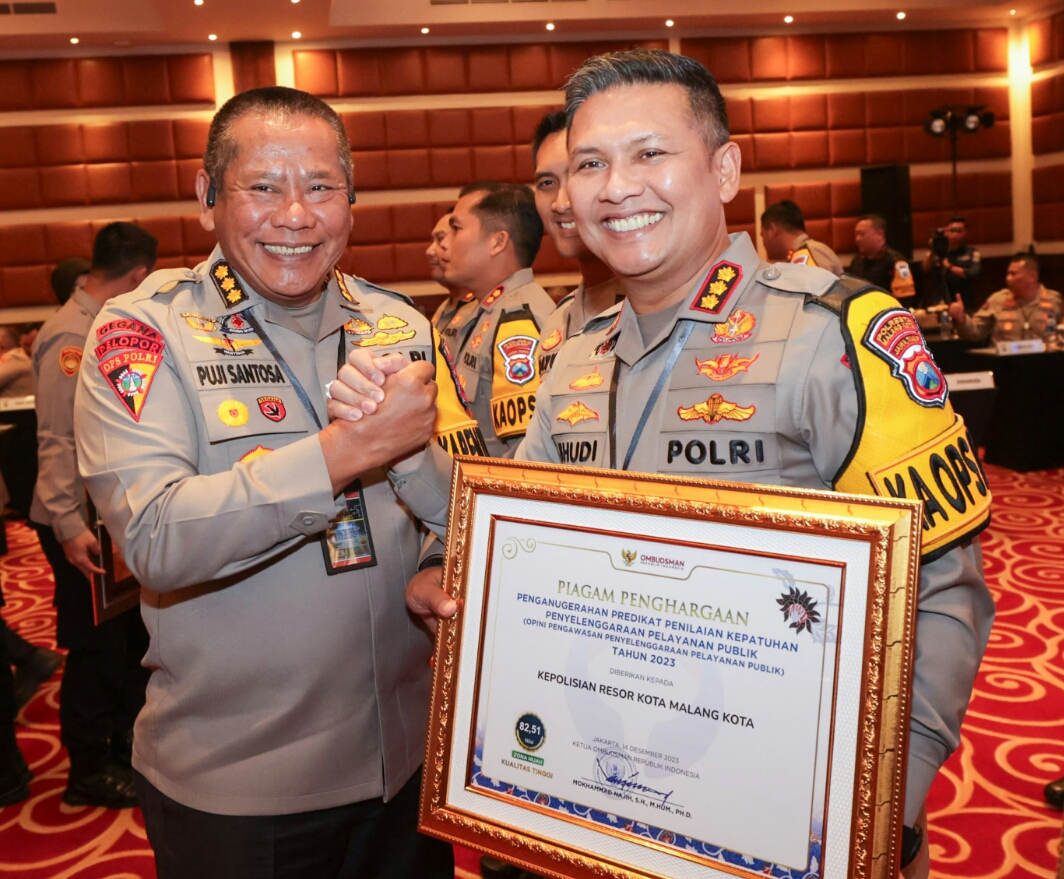 Polresta Malang Kota Raih Penghargaan Ombudsman RI Kategori Kualitas Tinggi