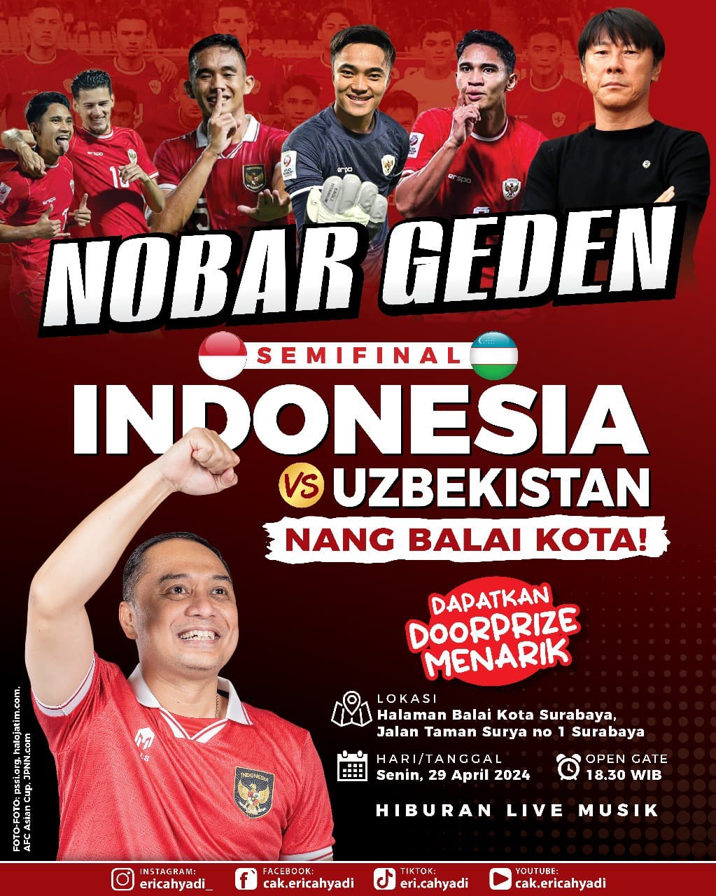 Pertandingan Timnas U-23 Indonesia vs Uzbekistan, Besok Ada Nobar di Balai Kota Surabaya
