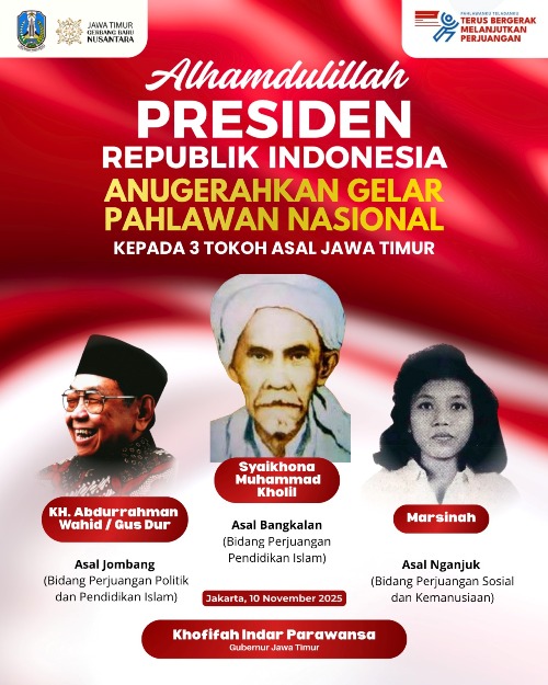 Gubernur Khofifah Apresiasi Penetapan Gus Dur, Syaikhona Kholil, dan Marsinah sebagai Pahlawan Nasional