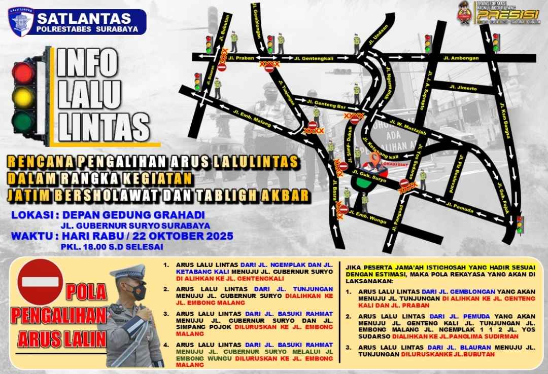 Jatim Bersholawat Peringati Hari Santri, Berikut Rekayasa Lalu Lintas di Sekitar Grahadi