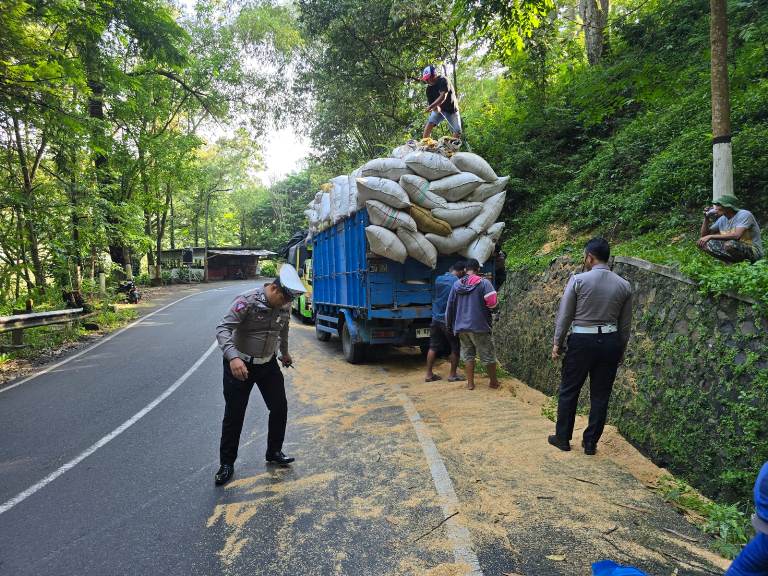 Truk Terguling di Jalan Menikung Kota Batu, Polisi Sigap Evakuasi