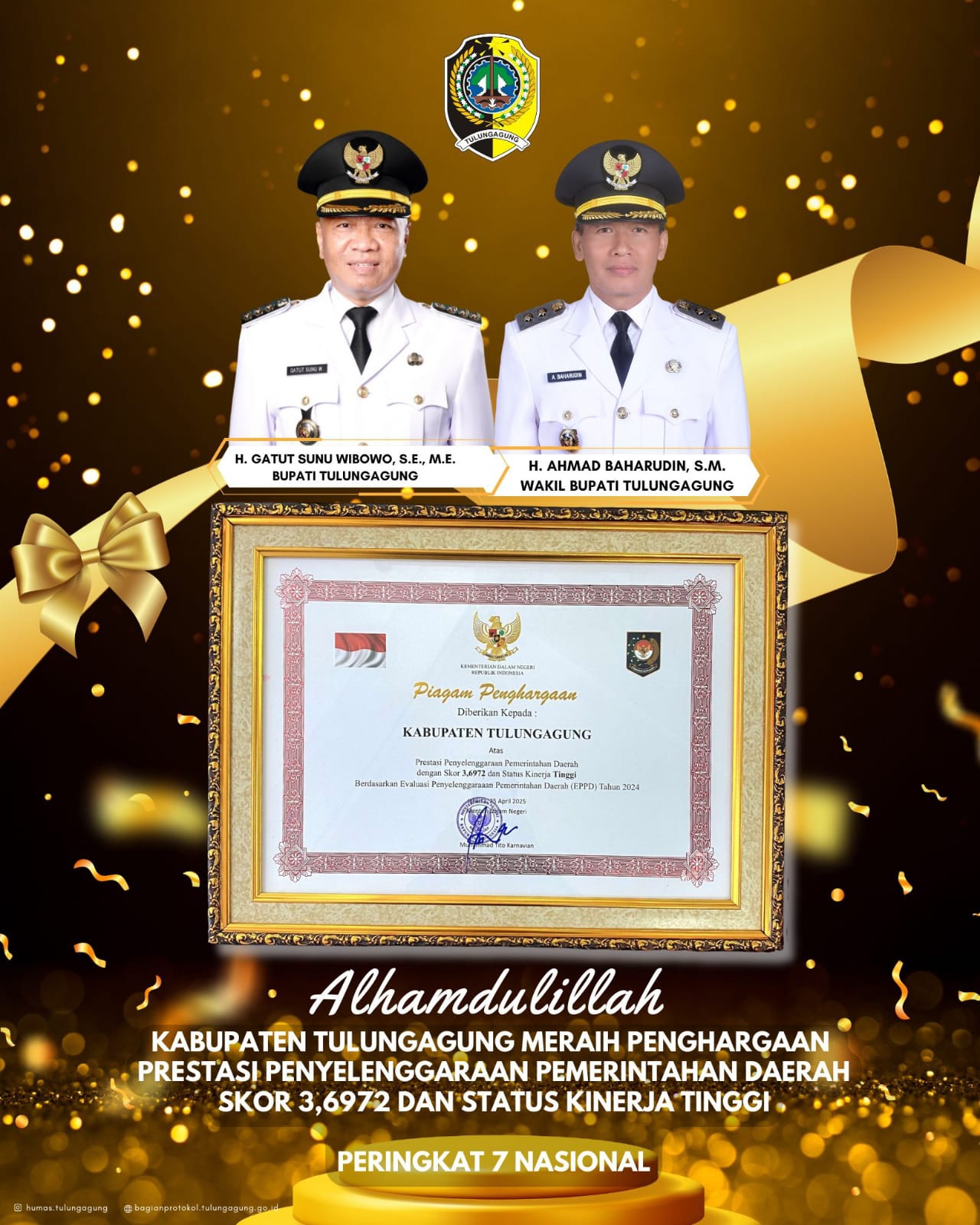 Tulungagung Raih Penghargaan Kabupaten Terbaik Ke-7 Nasional di Hari OTDA 2025