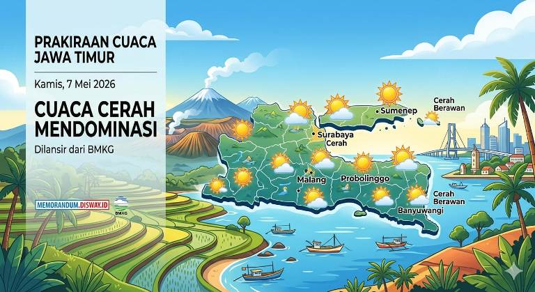 Prakiraan Cuaca Jatim 7 Mei 2026, Cerah Mendominasi Sejumlah Wilayah