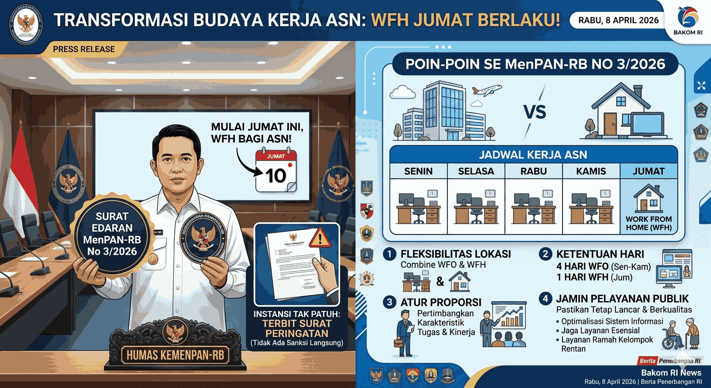 ASN WFH Setiap Jumat Mulai Pekan Ini, KemenPAN-RB Ingatkan Instansi Pusat dan Daerah Patuhi SE 3/2026