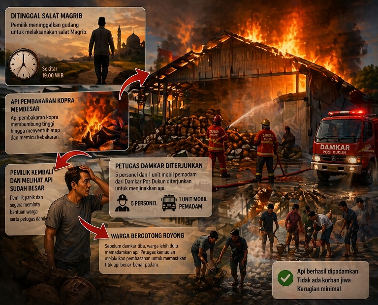 Gudang Kelapa di Dukun Gresik Terbakar saat Ditinggal Salat Magrib