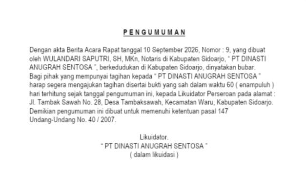 Pengumuman Pembubaran PT Dinasti Anugrah Sentosa