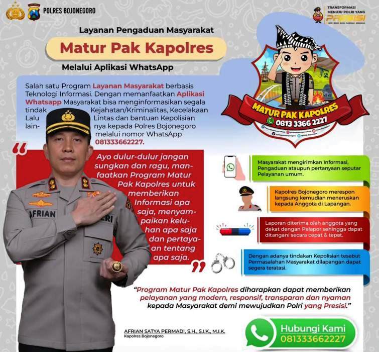 Bantu Atasi Masalah Warga Bojonegoro, AKBP Afrian Sediakan Program Matur Pak Kapolres lewat WA ke 081333662227