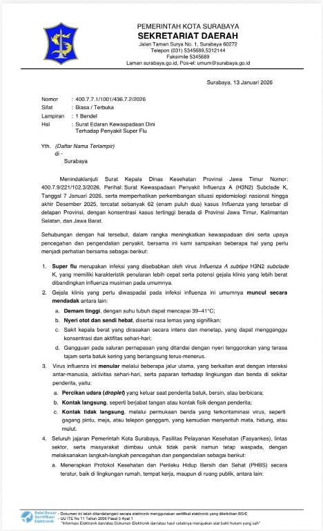 Antisipasi Super Flu H3N2, Pemkot Surabaya Terbitkan SE Kewaspadaan Dini
