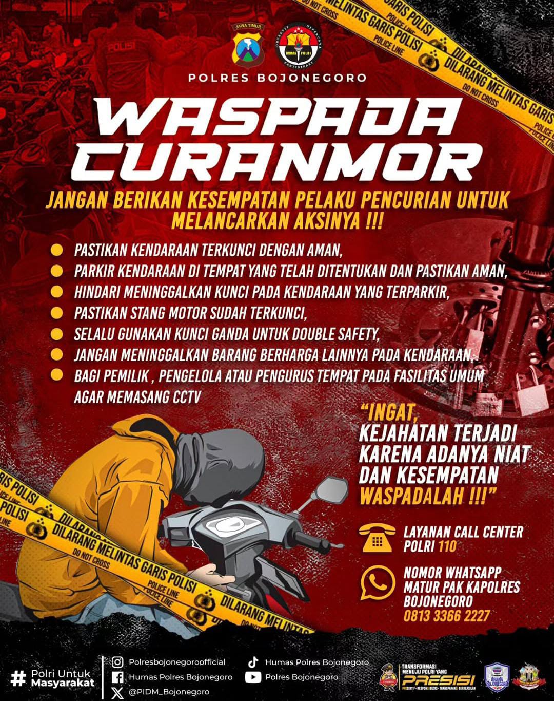 Cegah Curanmor, Polres Bojonegoro Imbau Masyarakat Waspadai 5 Hal Ini