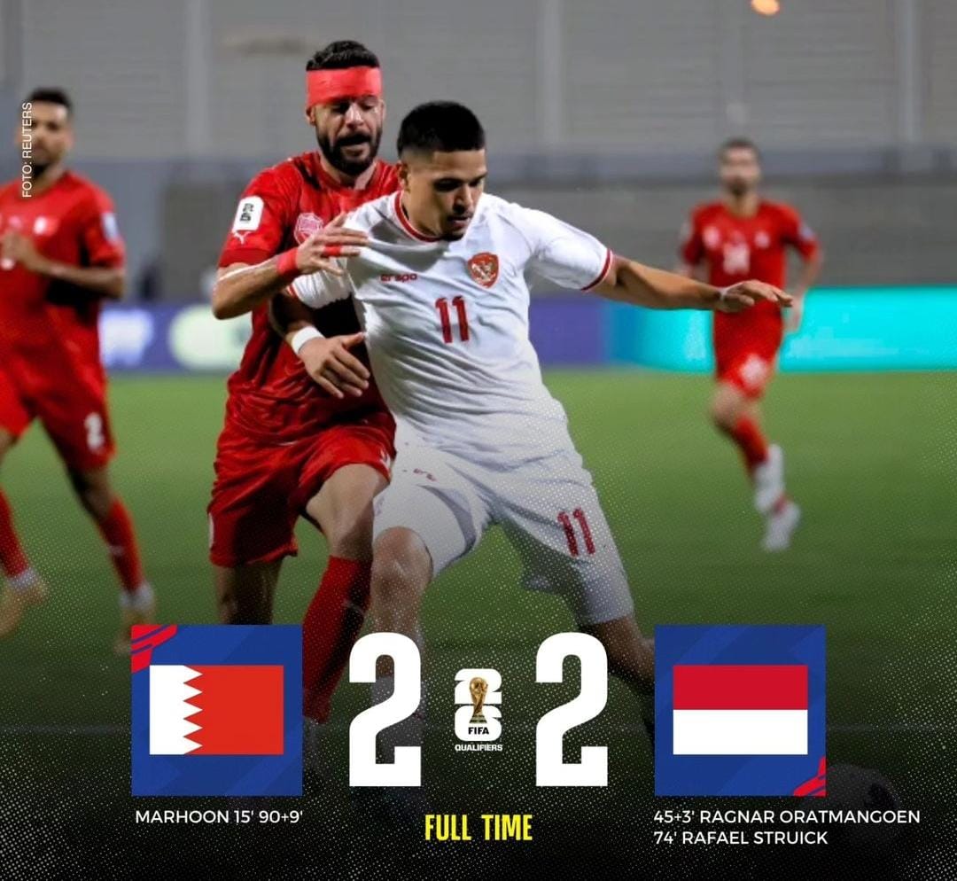 Sempat Memimpin di Babak Kedua, Indonesia Harus Puas Bermain Imbang di Kandang Bahrain 2-2