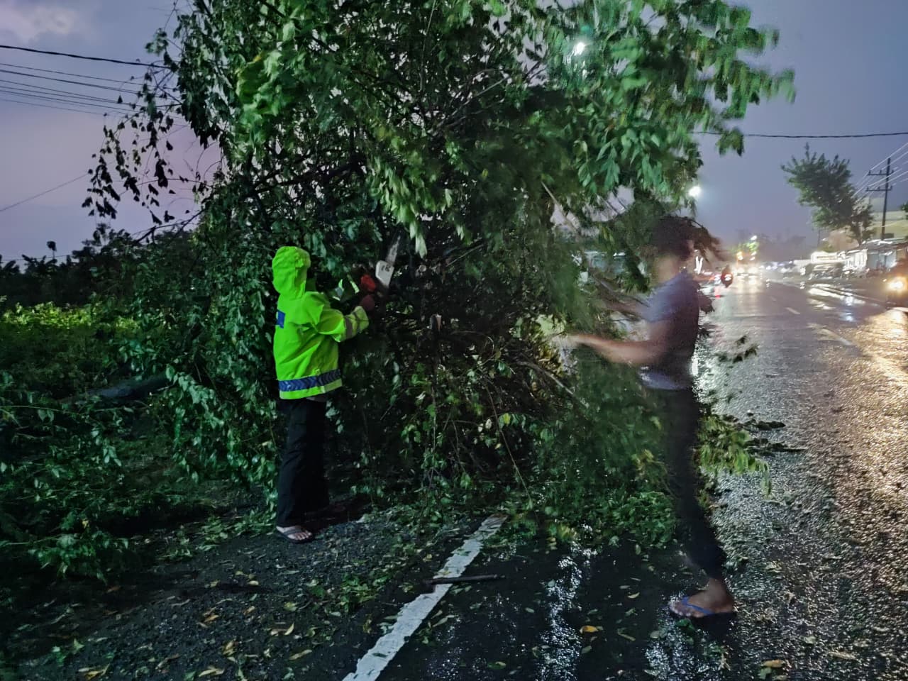 Polsek Ngawi Kota Sigap Bantu Tebang Pohon yang Bahayakan Pengguna Jalan