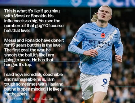 Cetak Brace, Guardiola Sebut Erling Haaland Setara dengan Messi dan Ronaldo 