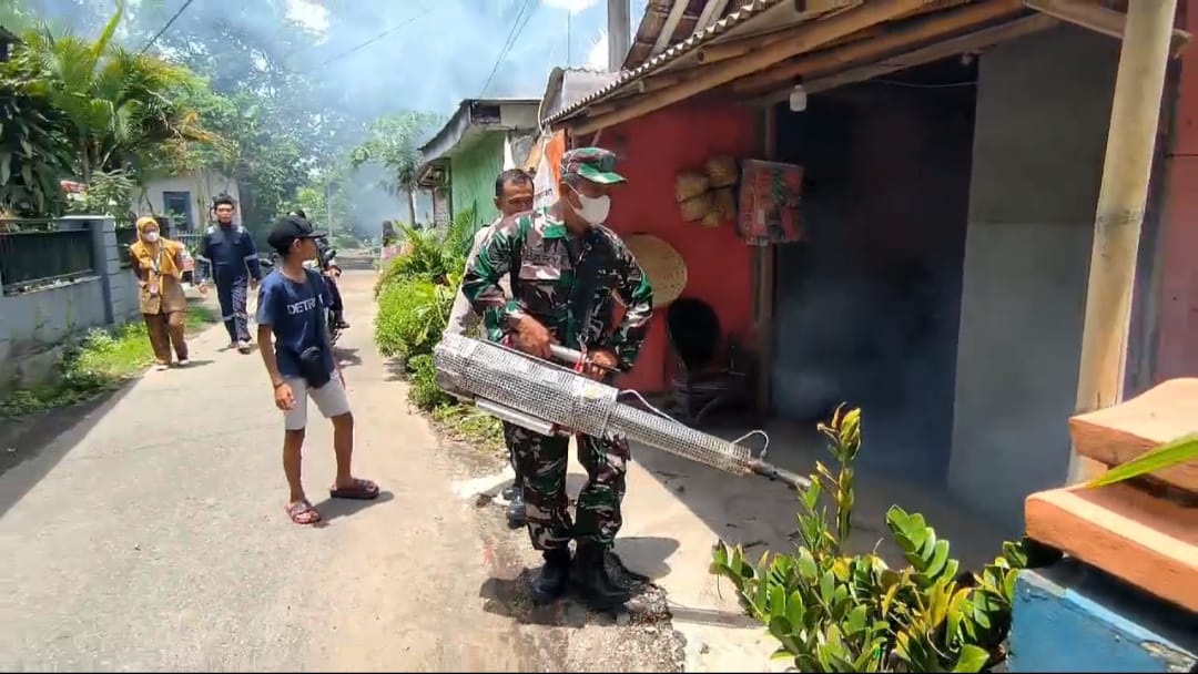 Tangkal Dampak DBD, Babinsa Poskoramil 0824/28 Pakusari Fogging Bareng Petugas Puskesmas