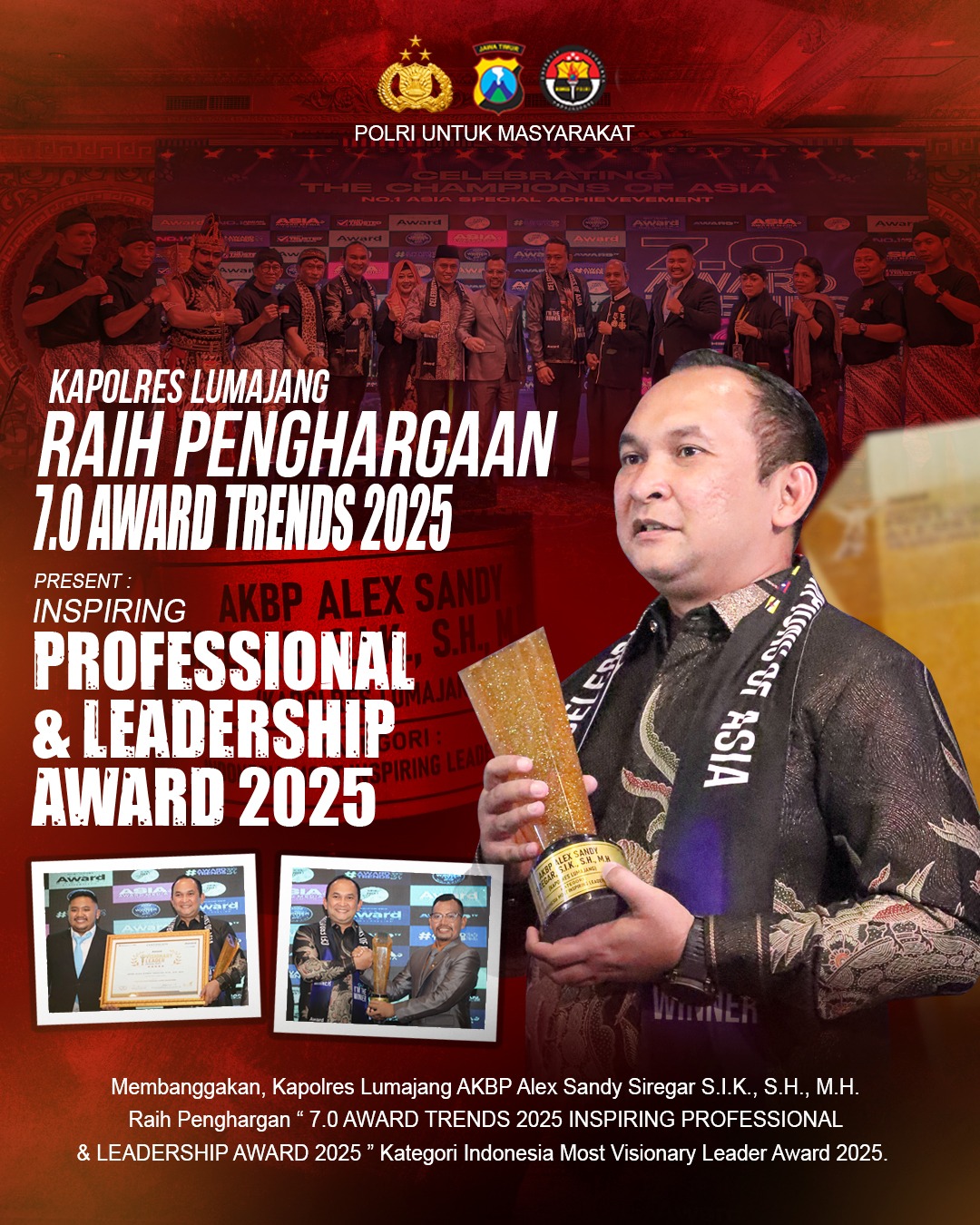 Kapolres Lumajang AKBP Alex Sandy Siregar Raih Penghargaan Indonesia's Most Visionary Leader 2025