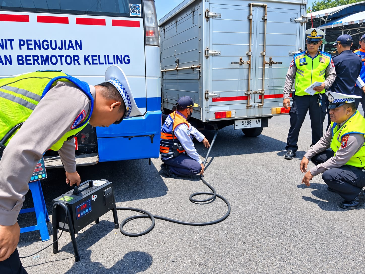  Satlantas Polres Pelabuhan Tanjung Perak Uji Emisi Kendaraan di Jalan Pegirian