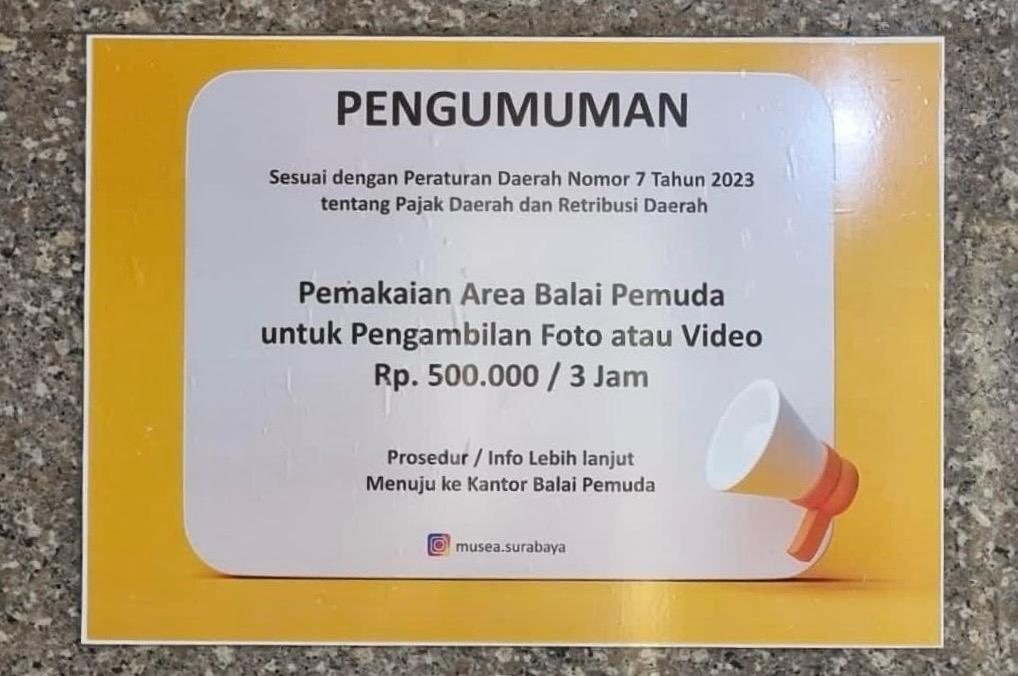 DPRD Surabaya Minta Pemkot Cabut Pamflet Pengumuman Retribusi Foto & Video di Balai Pemuda