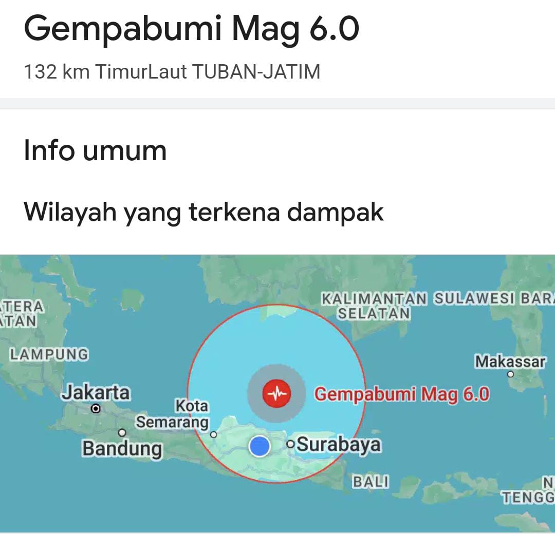 Gempa 6,0 SR Guncang Perairan Utara Tuban, Ini Sejumlah Daerah Terdampak