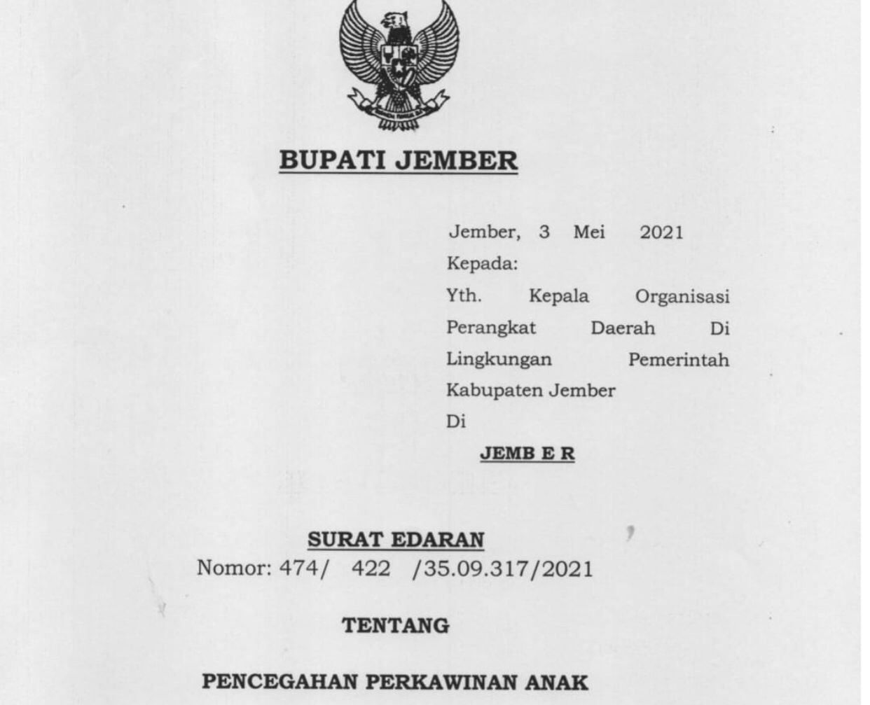 Pemkab Jember Resmi Terbitkan SE Stop Perkawinan Usia Dini