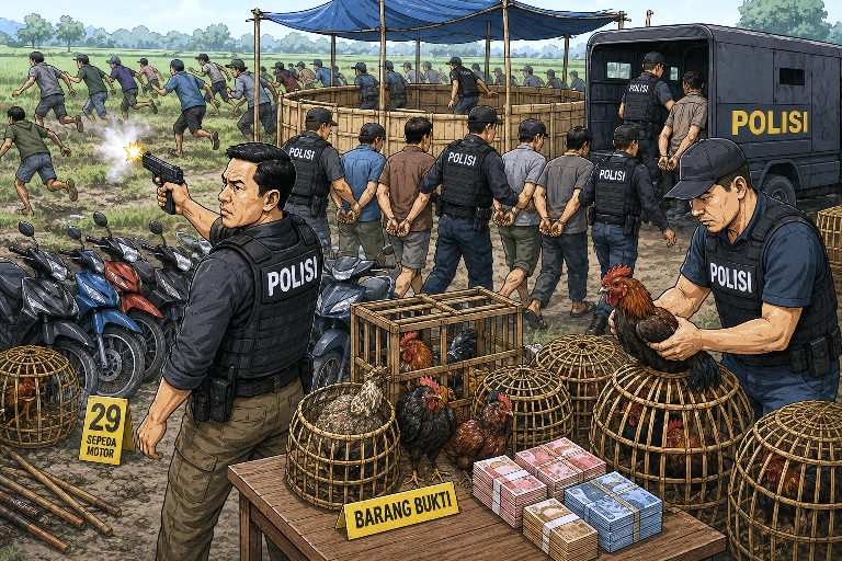 Polres Situbondo Gerebek Arena Judi Sabung Ayam, Lepas Belasan Tembakan Peringatan