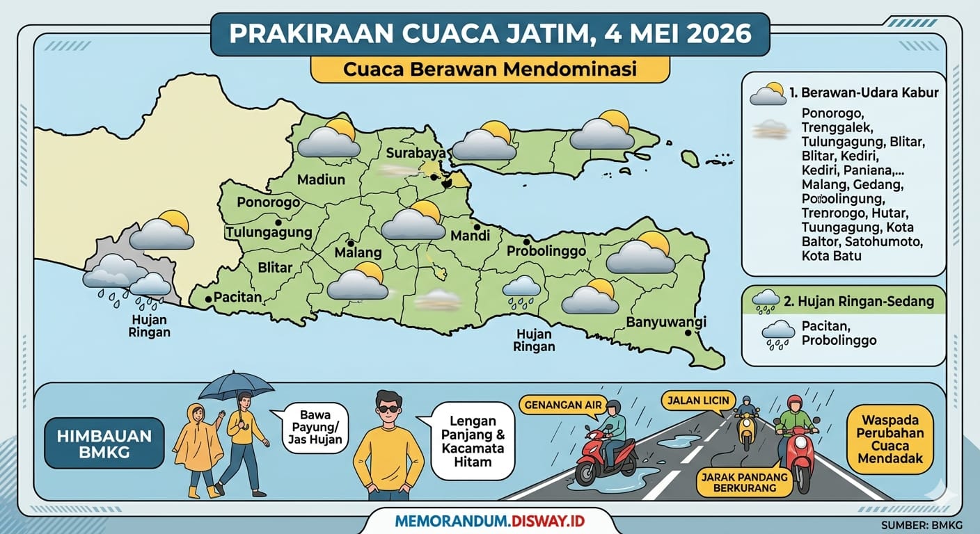 Prakiraan Cuaca Jatim 4 Mei 2026, Cuaca Berawan Mendominasi