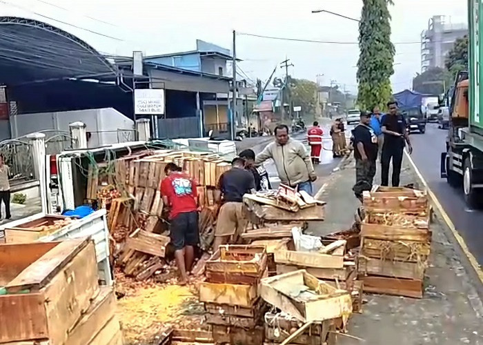 Truk Pengangkut Telur Terguling di Bypass Pandaan Pasuruan, Tiga Motor Terjatuh