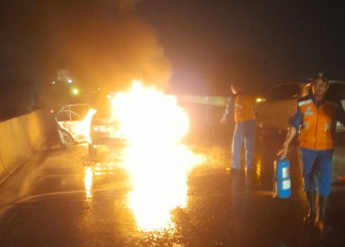 Pulang Kampung, Sedan Corolla Milik Warga Tuban Hangus Terbakar di Tol Surabaya-Gresik