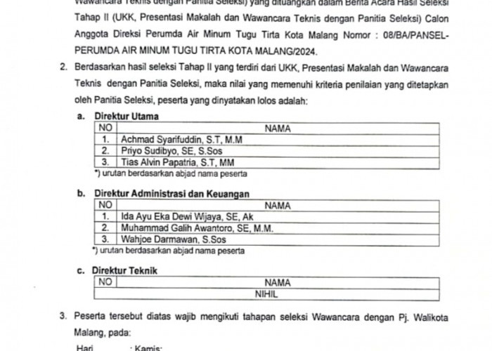 Seleksi Tahap II Calon Direksi Tugu Tirta Kota Malang: 2 Posisi Terisi, 1 Posisi Nihil