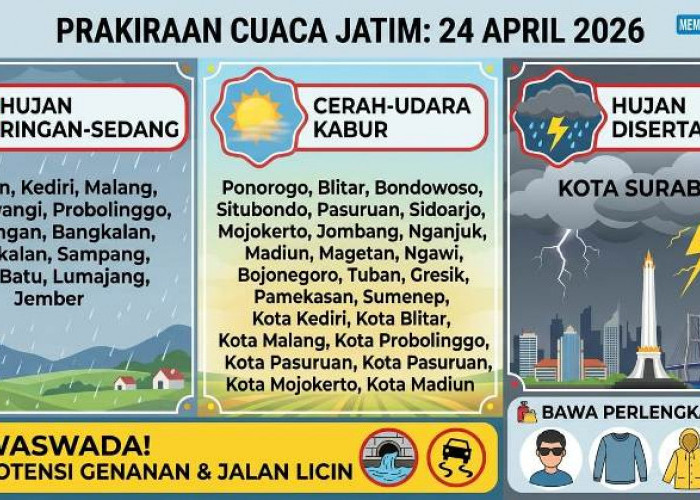 Prakiraan Cuaca Jatim 24 April 2026, Waspada Hujan Disertai Petir