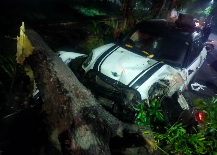 Kurang Jaga Jarak, Mini Cooper Tabrak Motor dan Pohon di Jalan Ahmad Yani