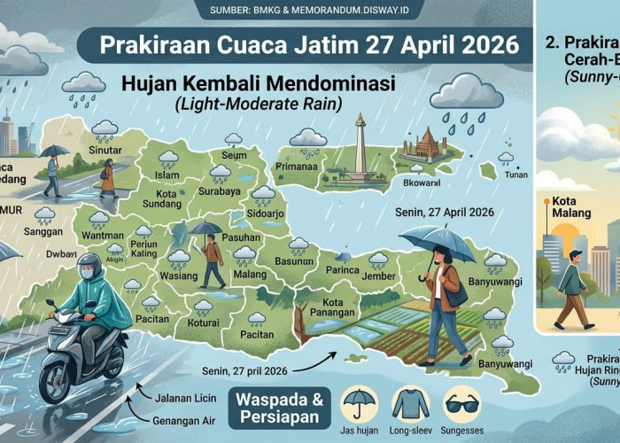 Prakiraan Cuaca Jatim 27 April 2026 Hujan Kembali Mendominasi Sebagian Besar Wilayah