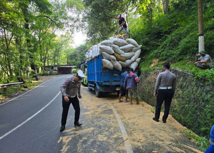 Truk Terguling di Jalan Menikung Kota Batu, Polisi Sigap Evakuasi