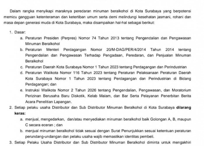 Pemkot Surabaya Terbitkan Surat Edaran Pembatasan Mihol, Penjualan Dibatasi hingga Pukul 22.00 WIB