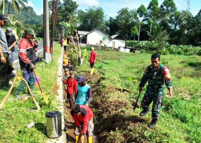 Cegah Banjir, Babinsa Pronojiwo dan Pemdes Gandeng Linmas Normalisasi Saluran Air