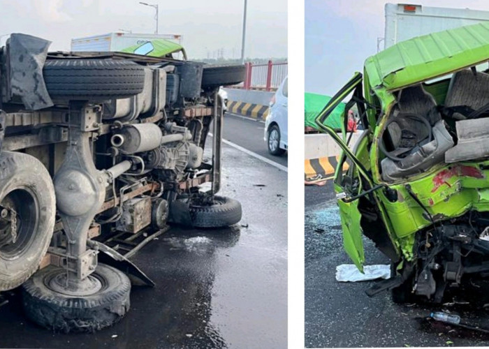 Pecah Ban, Dua Truk Box Saling Seruduk di Jembatan Suramadu