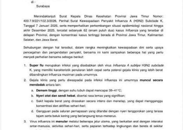 Antisipasi Super Flu H3N2, Pemkot Surabaya Terbitkan SE Kewaspadaan Dini