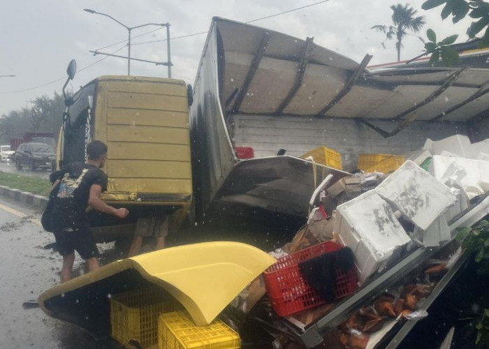 Truk Boks Bermuatan Ayam dan Cumi Terguling di Kedung Cowek Surabaya
