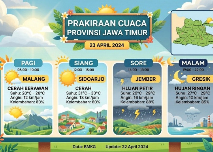 Prakiraan Cuaca Jatim 23 April 2026, Surabaya dan 23 Wilayah Hujan Ringan
