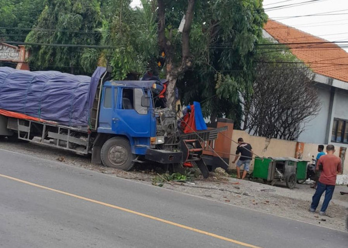 Alami Rem Blong, Truk Tronton Tabrak Warung dan Pohon di Gresik