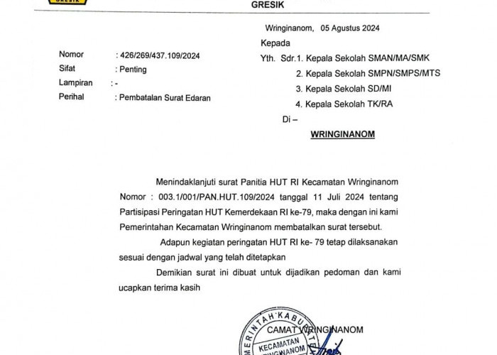 Camat Wringinanom Cabut Surat Edaran Partisipasi Dana ke ASN dan Pelajar untuk Perayaan HUT RI, Ada Apa?