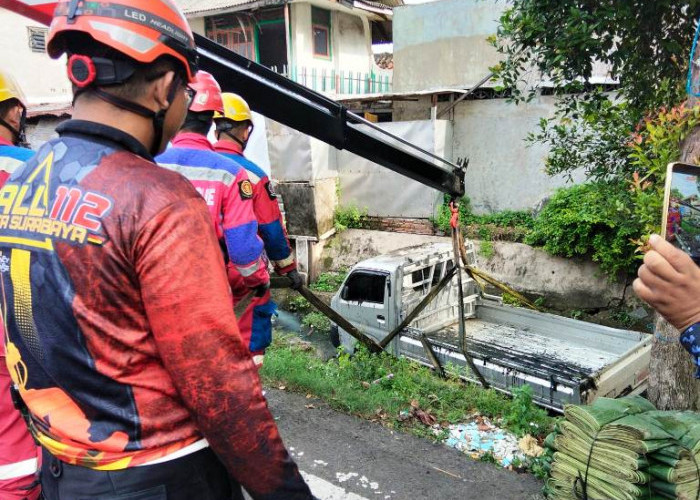 Pengemudi Mengantuk, Pikap Tercebur di Sungai Kedung Tarukan Surabaya