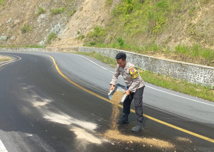 Polsek Candipuro Uruk Tumpahan BBM di Jalur Piket Nol Lumajang, Cegah Kecelakaan Lalu Lintas