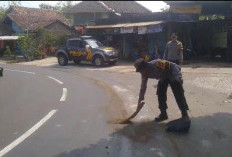 Berkat Laporan Call Center 110, Polisi Ngawi Cegah Potensi Kecelakaan Akibat Tumpahan Oli di Jalan Raya Sine 