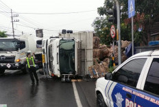 Akibat Ban Gembos, Truk Bermuatan Kardus Terguling di Karangpilang Surabaya