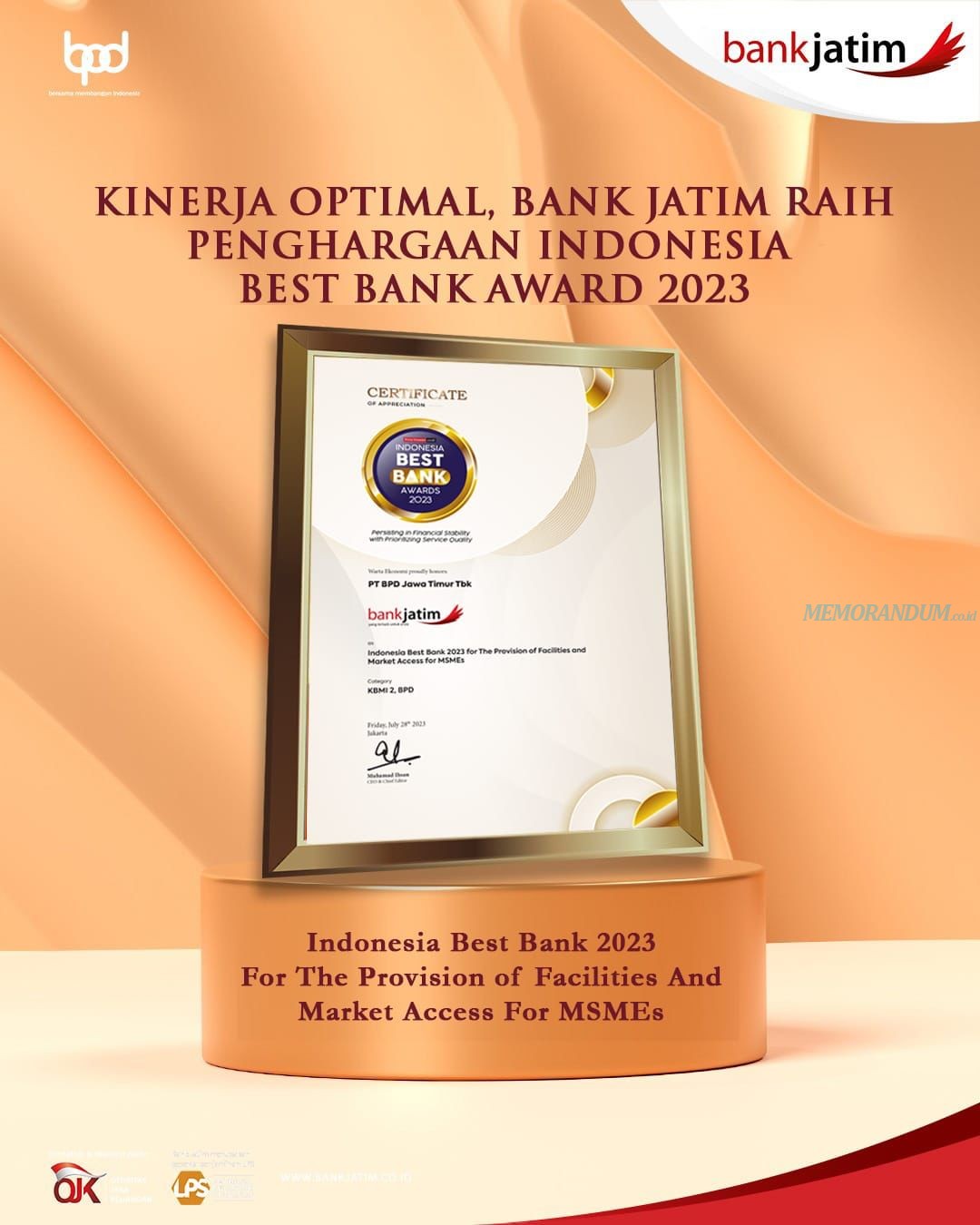 Kinerja Optimal, Bank Jatim Raih Indonesia Best Bank Awards 2023